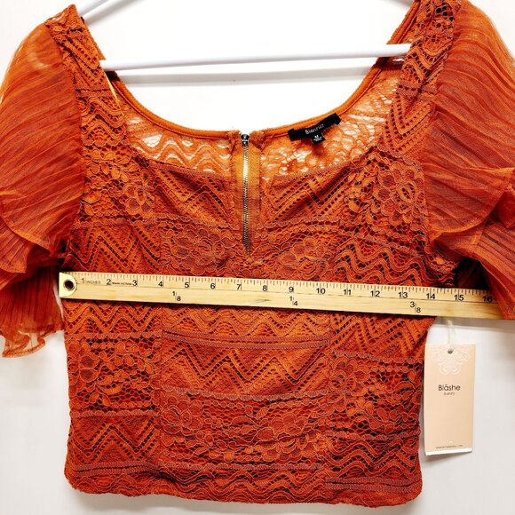 Rust Orange Lace & Sheer Ruffle Sleeve Crop Top By Blåshe Size M - Picture 7 of 10